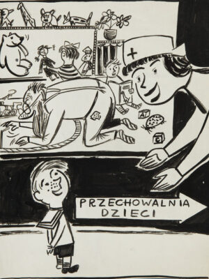 In the central children’s home, satirical illustration for Mucha magazine no. 51, 1951