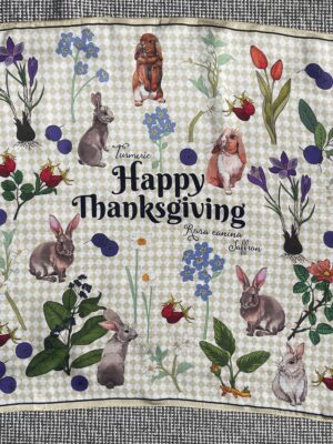 "Happy Thanksgiving" Silk Scarf with Rabbit and Flower Design, 100% Mulberry Silk
